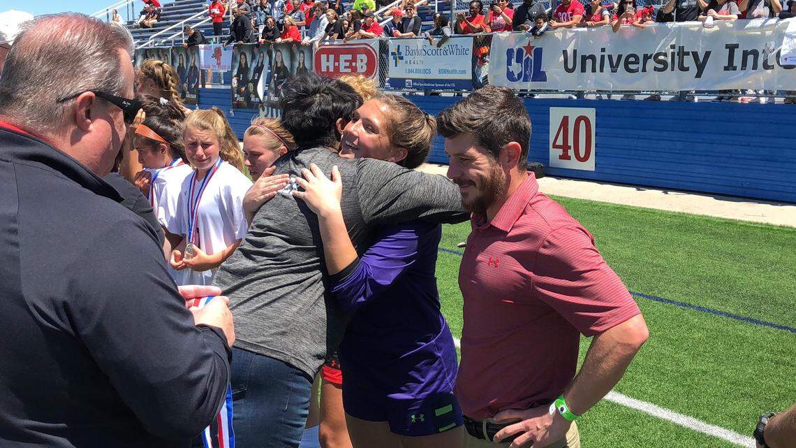 Mansfield ISD administration congratulate Legacy senior Tatum Krueger and coach Zachary Hallak on their 5A state runner-up finish vs. Highland Park, Saturday April 20, 2019.