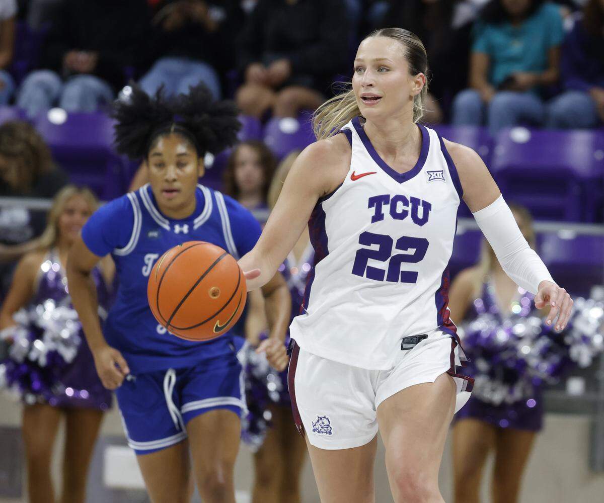 TCU guard Maddie Scherr (22) drives the court during the second quarter of a NCAA women's basketball game between Tennessee State and TCU at Schollmaier Arena in Fort Worth, Texas, Wednesday Nov. 12, 2025.