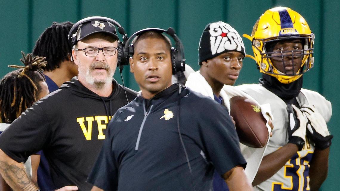 Arlington Lamar head coach Billy Skinner watches game action in the first half of a UIL high school football game on Thursday, October 26, 2023 at Choctaw Stadium in Arlington, Texas.