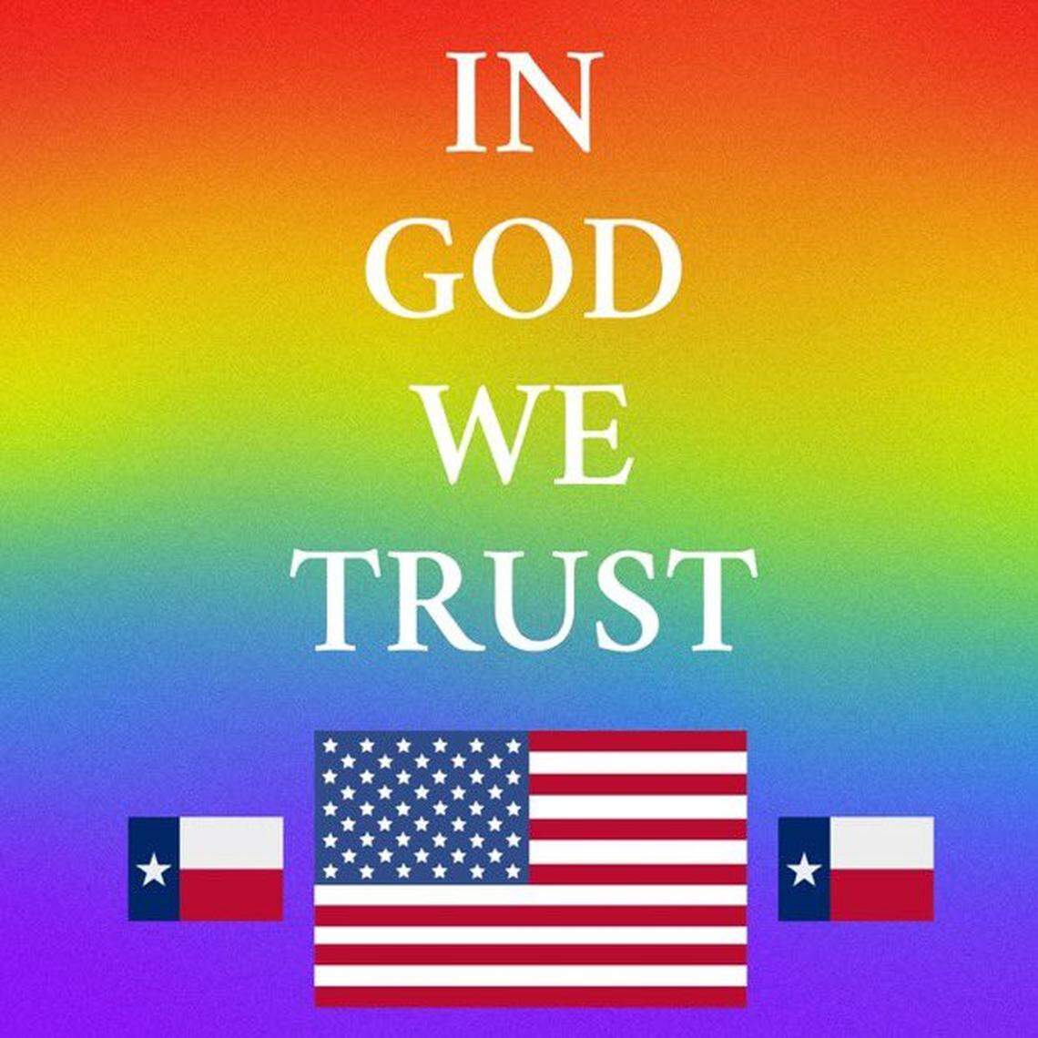 This “In God We Trust” poster with the rainbow pride flag in the background was rejected as a donation by the Carroll school district board Monday night.