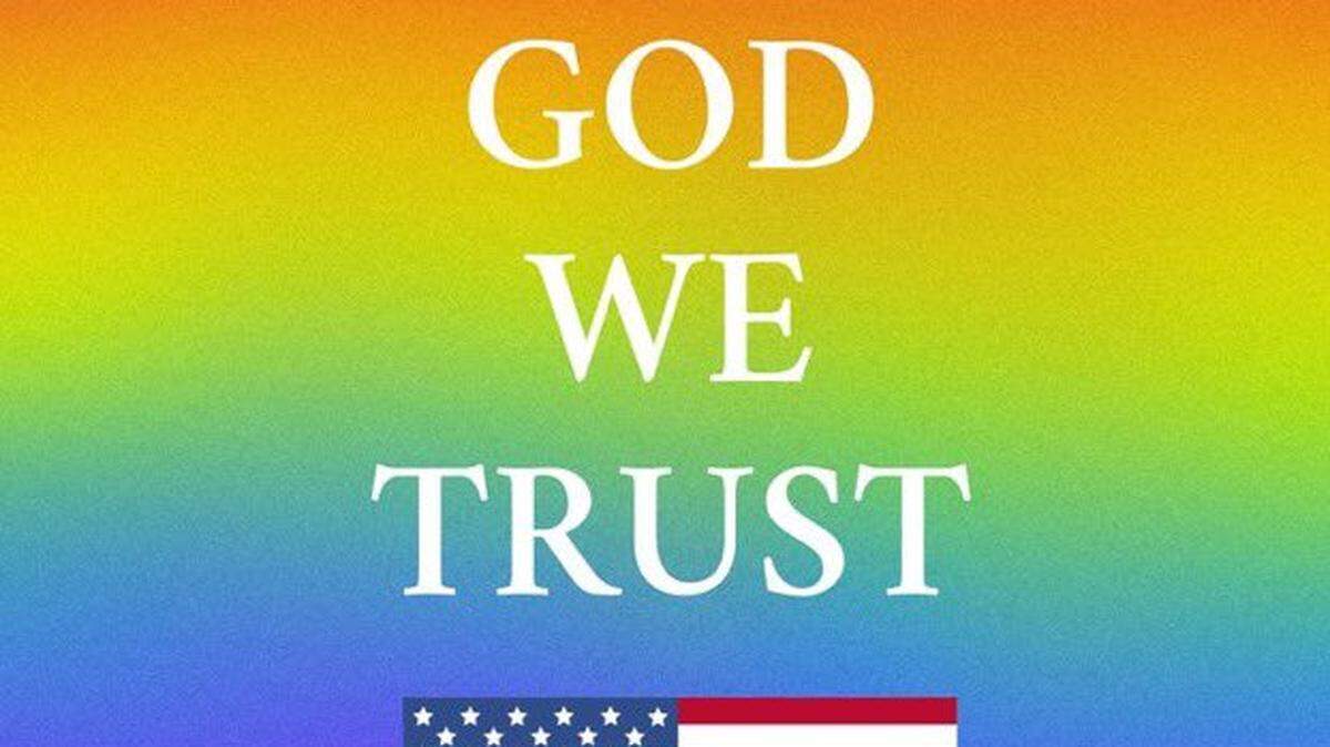 This “In God We Trust” poster with the rainbow pride flag in the background was rejected as a donation by the Carroll school district board Monday night.