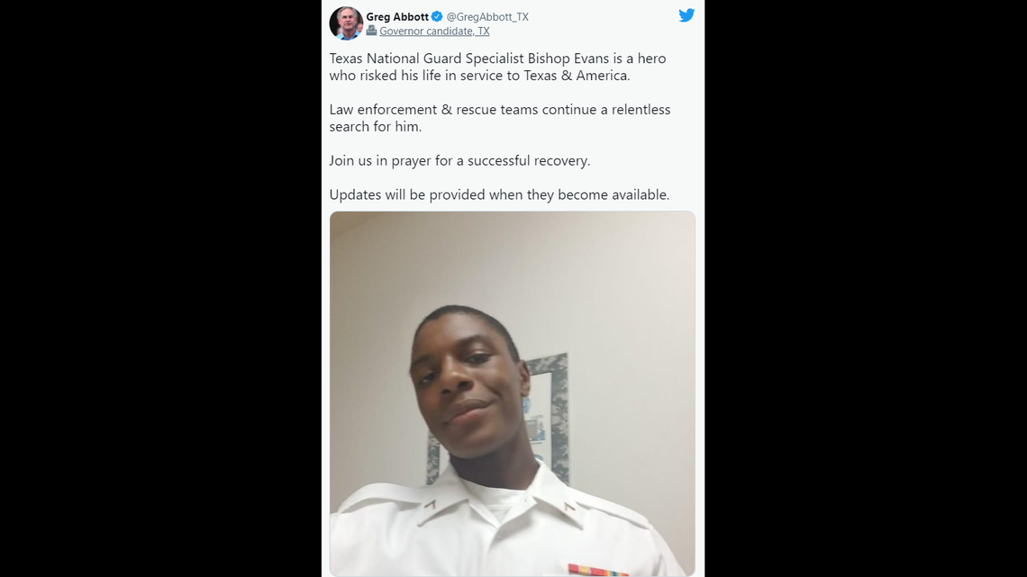 Specialist Bishop E. Evans was found dead after he went missing while helping migrants crossing a river into the U.S., officials say.