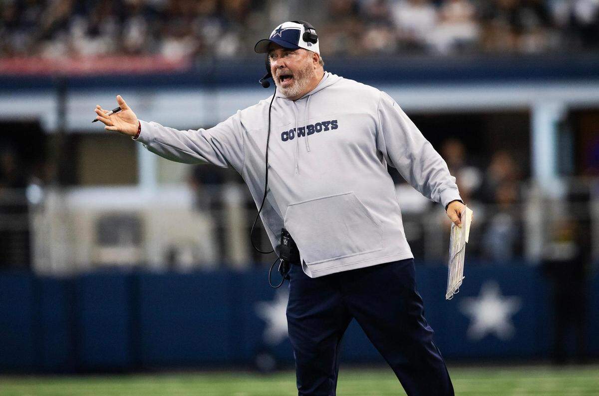 Dallas Cowboys head coach Mike McCarthy talks to his team from the sidelines during the first half against the New York Jets on Sunday, September 17, 2023, at AT&T Stadium in Arlington.