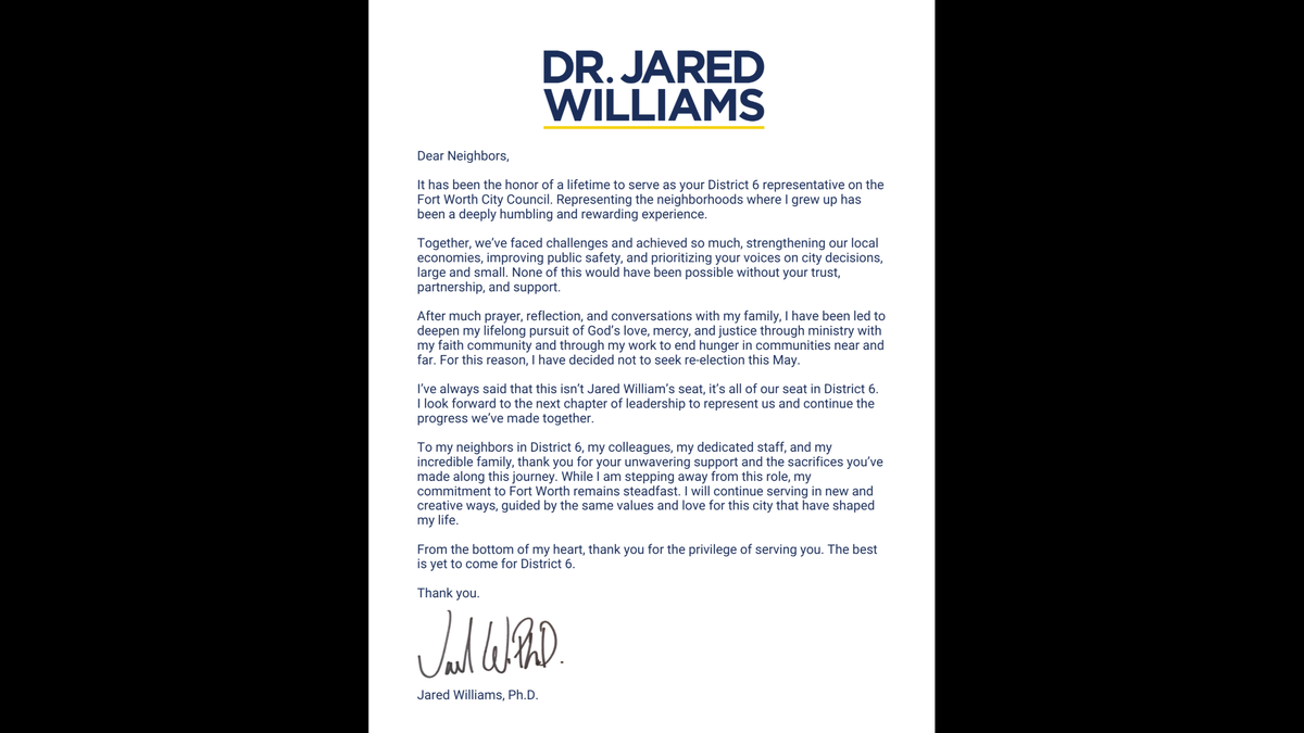 A statement from a politician explaining whey they're not running again.