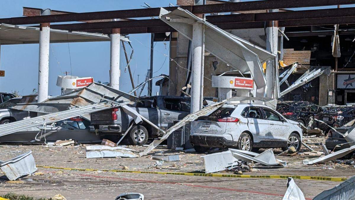 A gas station at Lone Oak Road and Interstate 35 in Valley View, Texas, on Sunday, May 26, 2024, after a line of severe storms rolled through Cooke County. The Cooke County Sheriff’s Office said 60 to 80 people took shelter in the gast station.