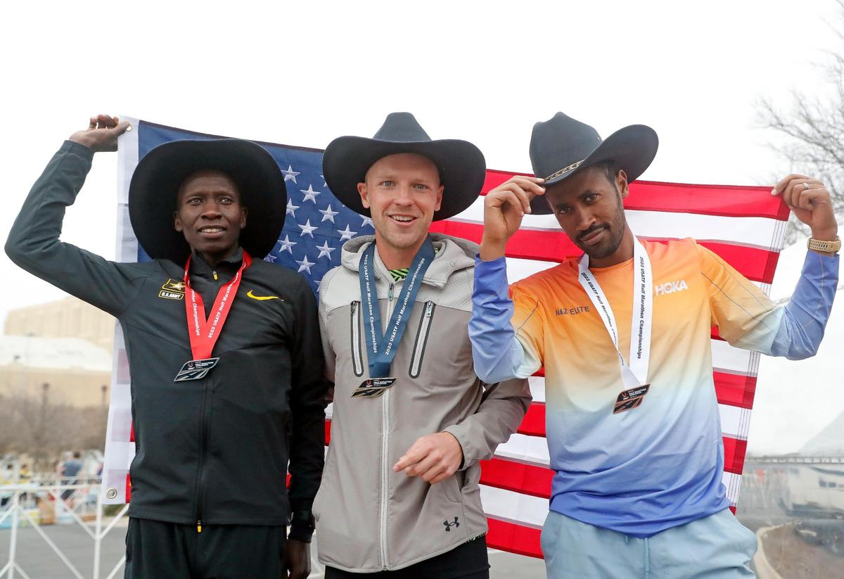Futsum Zienasellassie, Jacob Thompson and Leonard Korir took the first three slots for the USA Track & Field half marathon championship during the 2023 Cowtown Marathon in Fort Worth, Texas, Sunday, Feb. 26, 2023. Almost 21,000 runners registered for the two day event. (Special to the Star-Telegram Bob Booth)