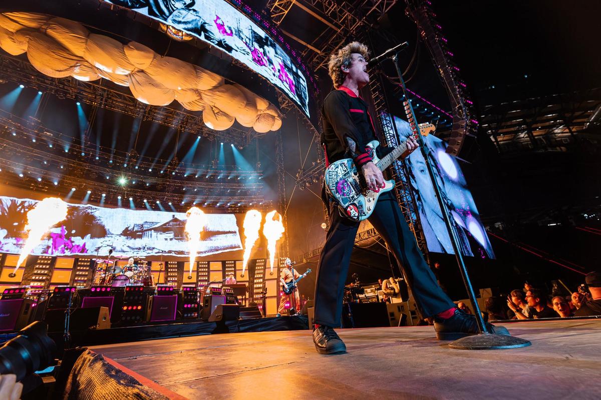 Green Day lead singer Billie Joe Armstrong performs with his band members on stage for “The Saviors Tour” at Globe Life Field in Arlington on Wednesday, Sept. 11, 2024.