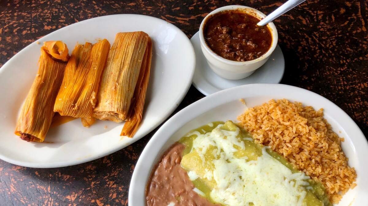Tamales with chili con carne at El Rancho Grande Mexican Restaurant, marking 70 years in Fort Worth.