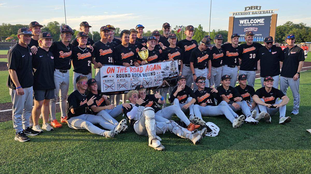 The Aledo baseball team poses after defeating McKinney North 7-6 to sweep their UIL Class 5A Division I state semifinal series on Friday, May 29, 2026, at Horner Ballpark on the Campus of Dallas Baptist University in Dallas, Texas.