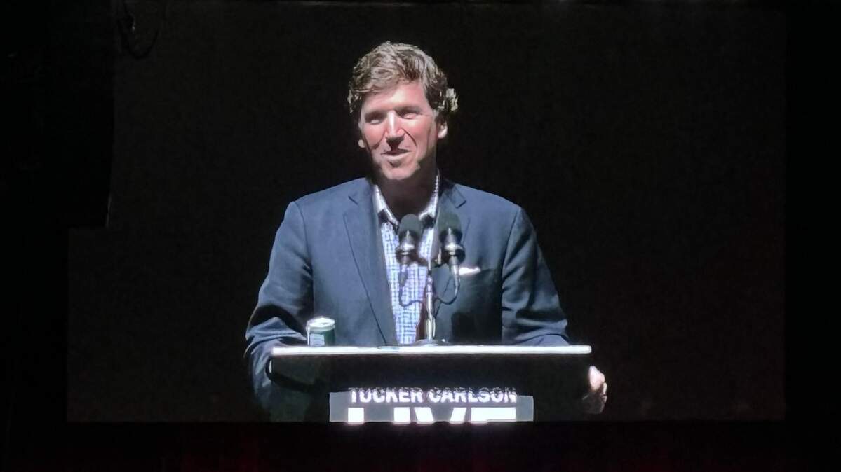 Right wing pundit Tucker Carlson speaks at an event at Fort Worth’s Dickies Arena on Tuesday, Sept. 24, 2024.