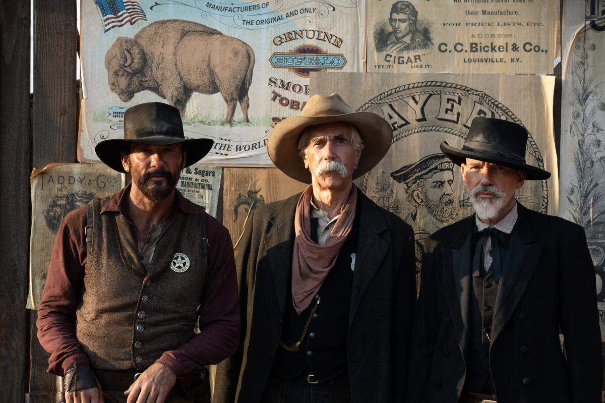 Billy Bob Thornton, right, who plays Fort Worth marshal Jim Courtright in the series “1883” on Paramount+, is shown with actors Tim McGraw, left, who plays James Dutton, and Sam Elliott, who plays Shea Brennan.