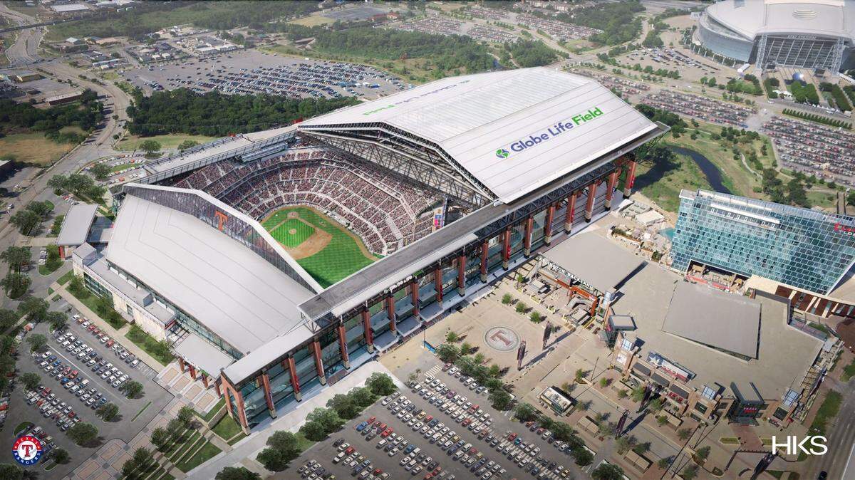 Updated artist renderings show Globe Life Field (from the north) with its retractable roof open with AT&T Stadium to its west and Texas Live! just to north of left field. The stadium is scheduled to be completed in March for the Texas Rangers’ 2020 season.