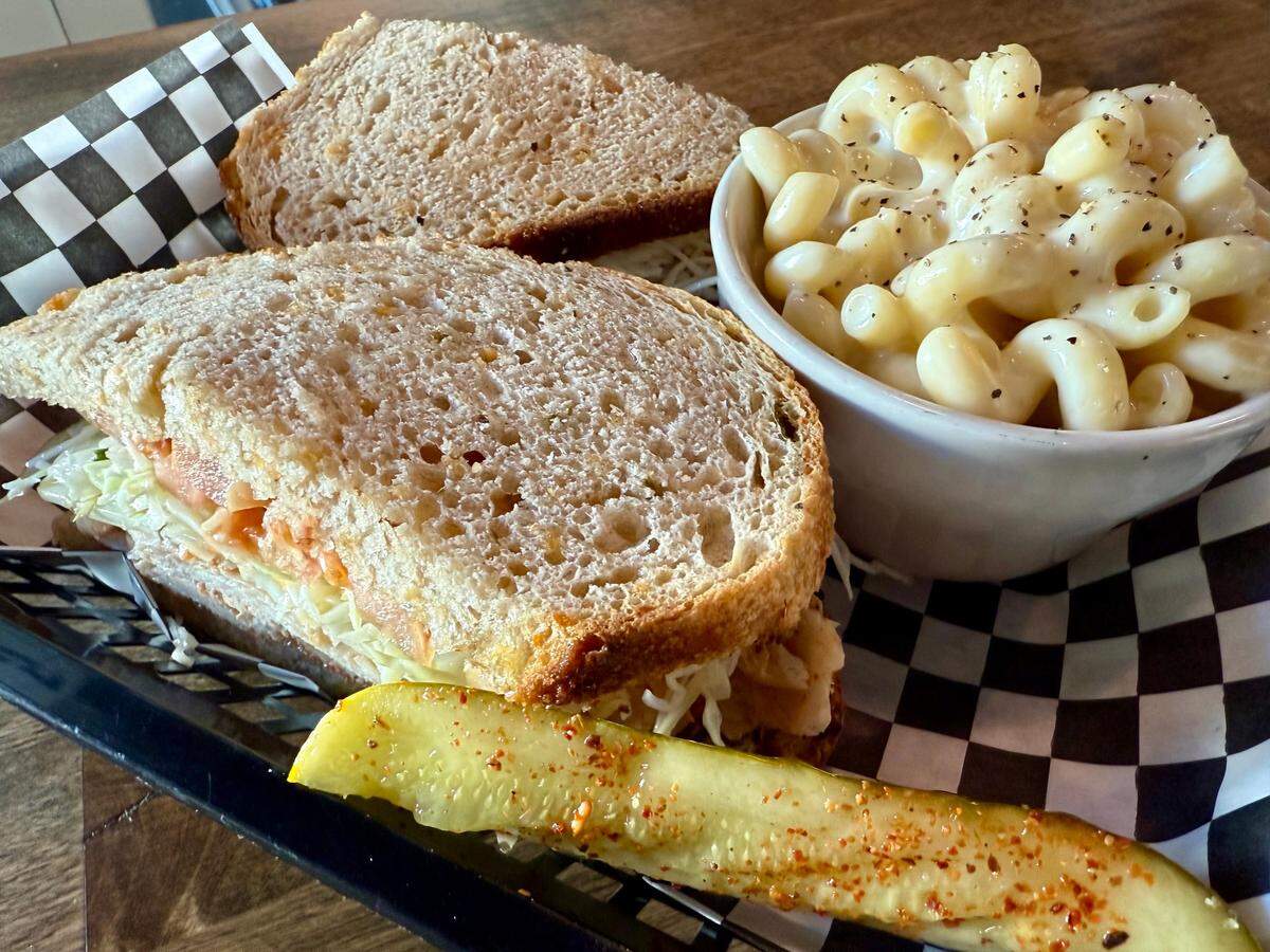 The Sour Boule spicy sandwich comes with chipotle turkey, chipotle mayo and pepper jack cheese, seen here with macaroni and cheese March 20, 2025.