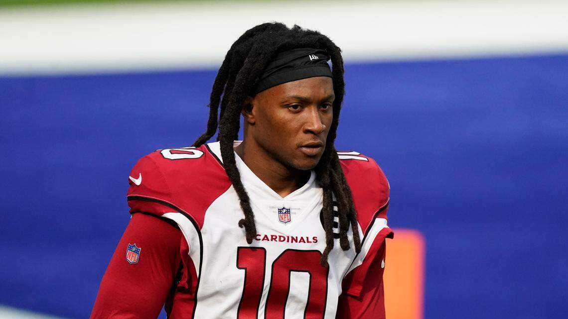 Arizona Cardinals wide receiver DeAndre Hopkins (10) walks on the field before an NFL football game against the Los Angeles Rams Sunday, Jan. 3, 2021, in Inglewood, Calif. (AP Photo/Ashley Landis)