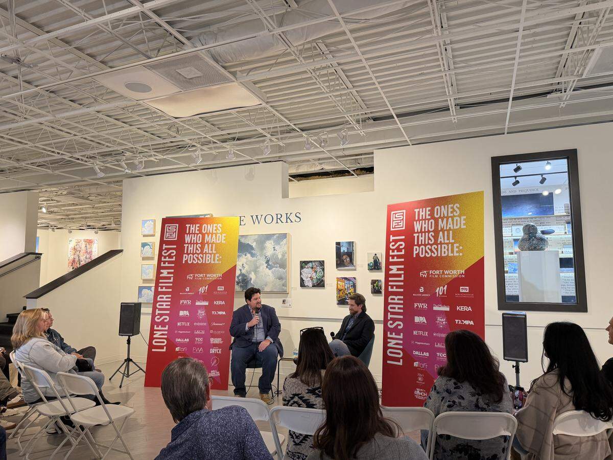 Wes Ferguson (left) and Christian Wallace (right) at a discussion for “Landman” at Fort Works Art on Sunday, Nov. 2, 2025.