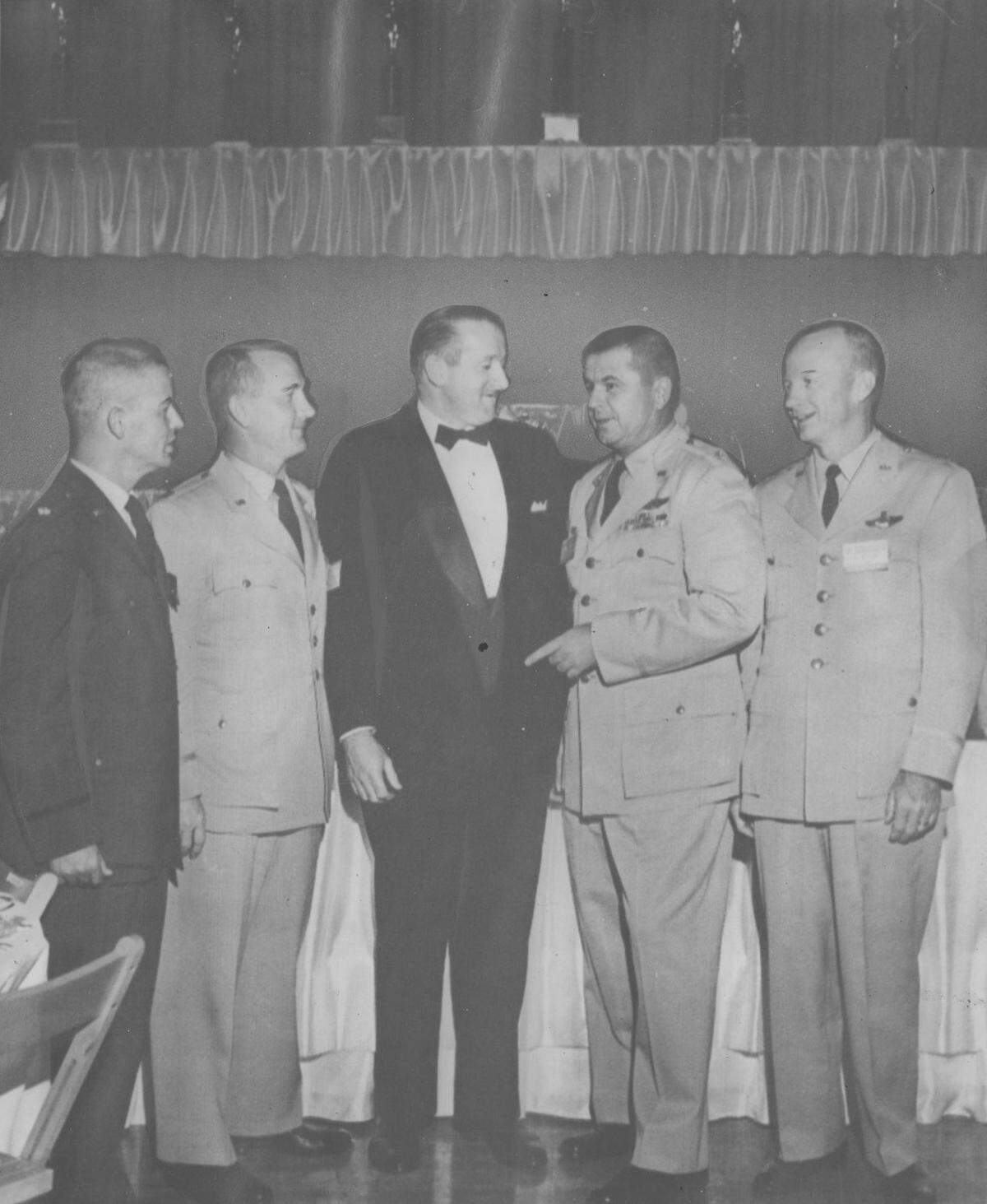 1961: Four men from Carswell Air Force Base 43rd Bomb Wing who hold speed records in B-58 flight meet Air Force Association President Thomas F. Stack. From left, Maj. William Polhemus, Capt. Richard Wagener, Stack, Lt. Col Henry Deutschendorf, Maj. W.R. Payne.