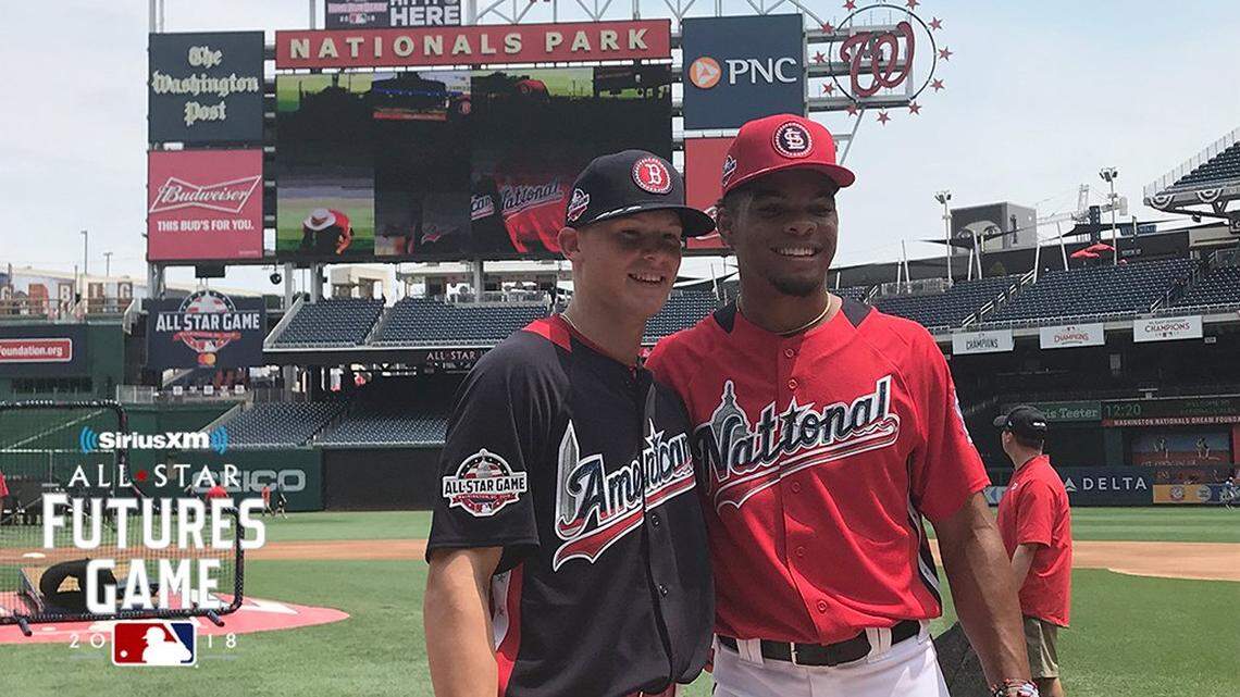 Colleyville Heritage’s Bobby Witt Jr. (left) beat out IMG Academy’s Rece Hinds 8-7 during the final of the high school home run derby at Nationals Park, Monday July 16, 2018.