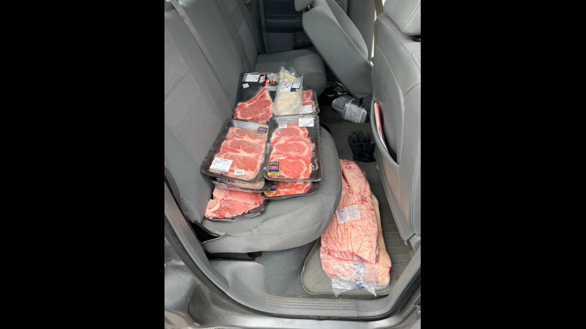 Police in Texas said they caught a pair of accused thieves in a stolen car carrying stolen meat.