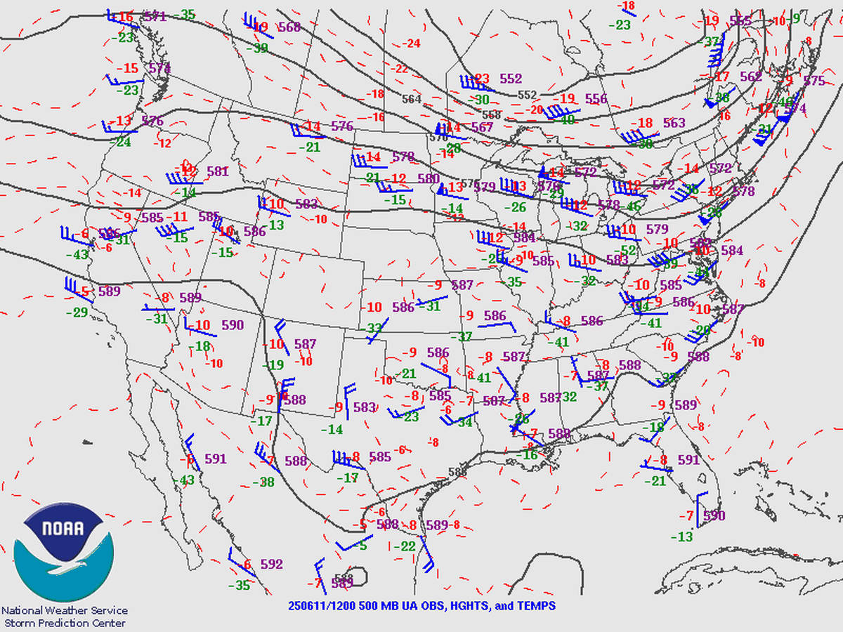 A map showing the path of the jet stream on June 11, 2025. Notice the line that dips down into Texas.