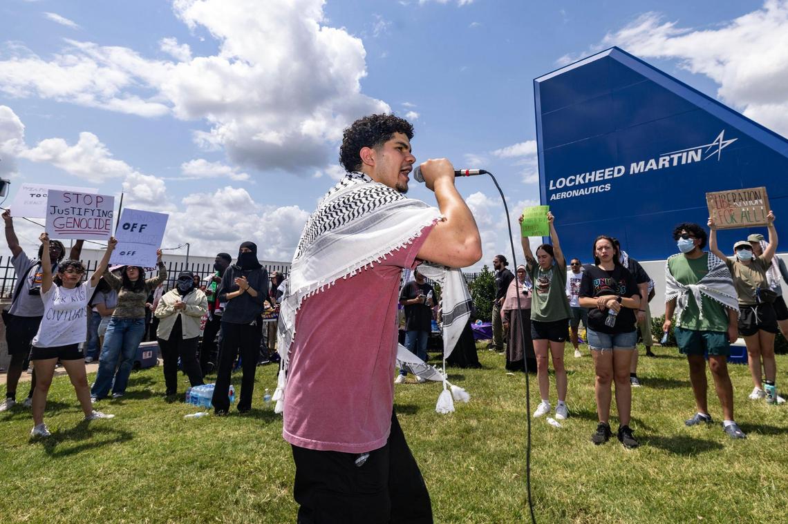 Community members protest the shipment of F-35 fighter jet wings by Israel Aerospace Industries in front of Lockheed Martin Aeronautics in Fort Worth on Thursday, June 19, 2025.