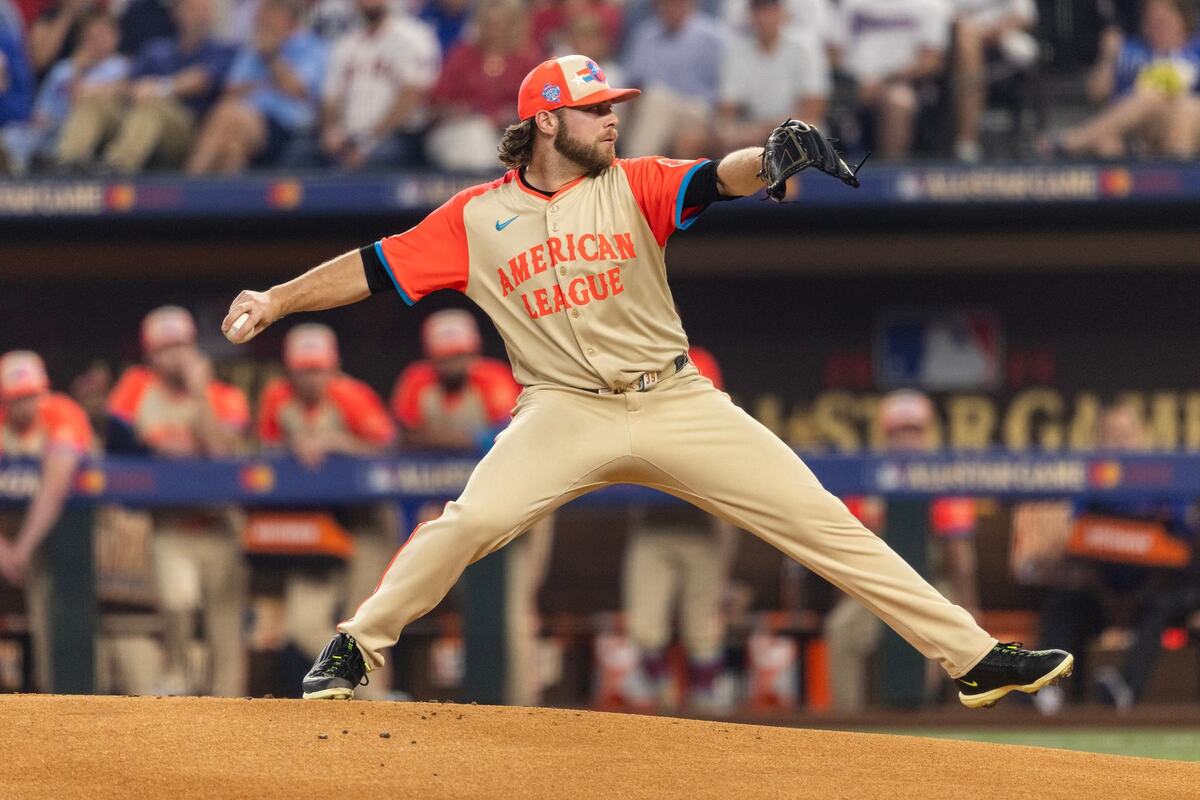 American League starting pitcher Corbin Burnes prepares to throw a pitch in the first inning of the MLB All Star Game at Globe Life Field in Arlington on Tuesday July 16, 2024.