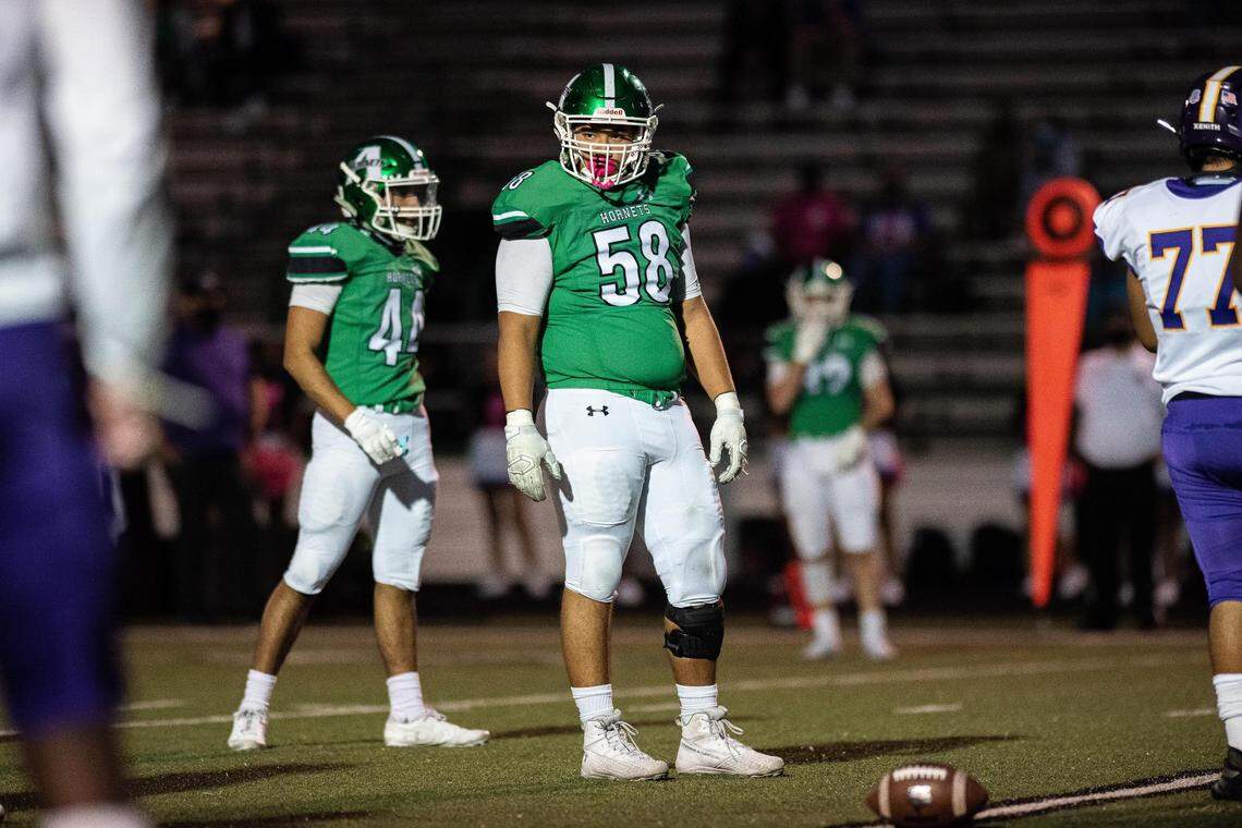 Azle lineman Jack Schwantz during a game in 2020. Schwantz died in a single-engine plane crash on Saturday Aug. 21, 2021. He was 18.