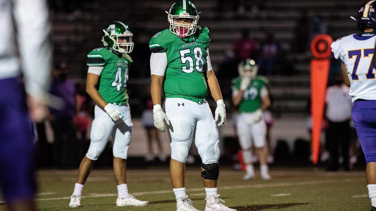 Azle High School lineman Jack Schwantz during a game in 2020. Schwantz and his father died in a plane crash on Aug. 21, 2021. He was 18.
