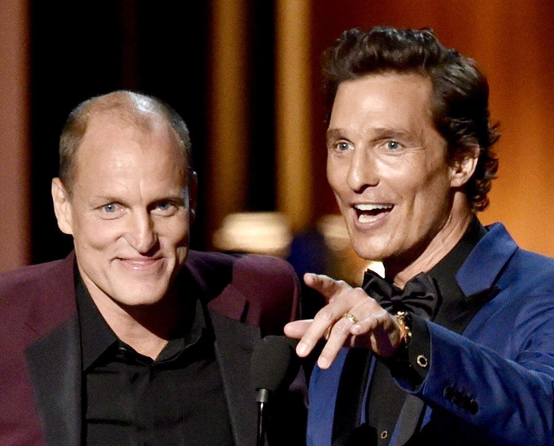 Actors Woody Harrelson, left, and Matthew McConaughey on stage at the 66th Primetime Emmy Awards Aug. 25, 2014, in Los Angeles. Harrelson and McConaughey played major roles in the effort to increase Texas film incentives.