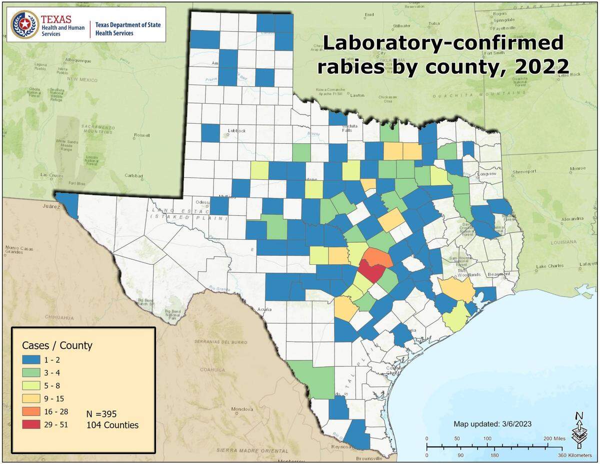 In Tarrant County, four animals were positive for rabies out of 606 tested in 2022.