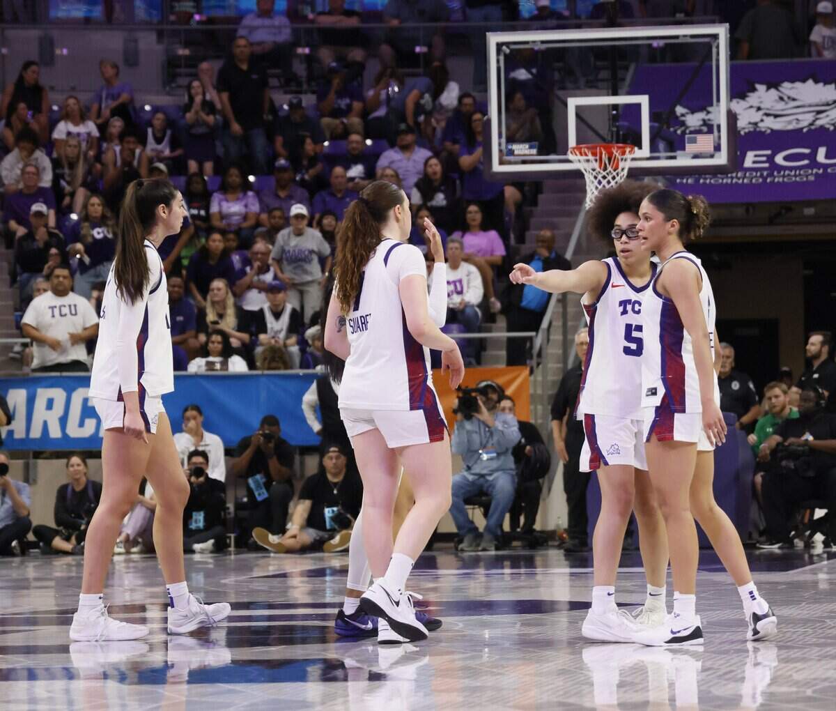 The Horned Frogs prepare to start overtime of a second round NCAA Division I Women's Basketball Championship game at Schollmeier Arena in Fort Worth, Texas, Sunday, March, 22, 2026.