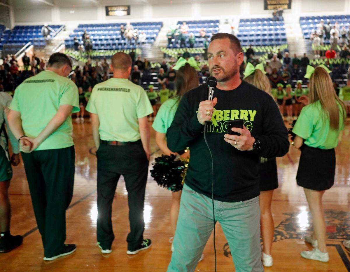 Interim head football coach Gregory George talks to fans about coach Daniel Maberry before the boys high school basketball game at Mansfield High School in Mansfield, Texas, Friday, Feb. 07, 2020. (Special to the Star-Telegram Bob Booth)
