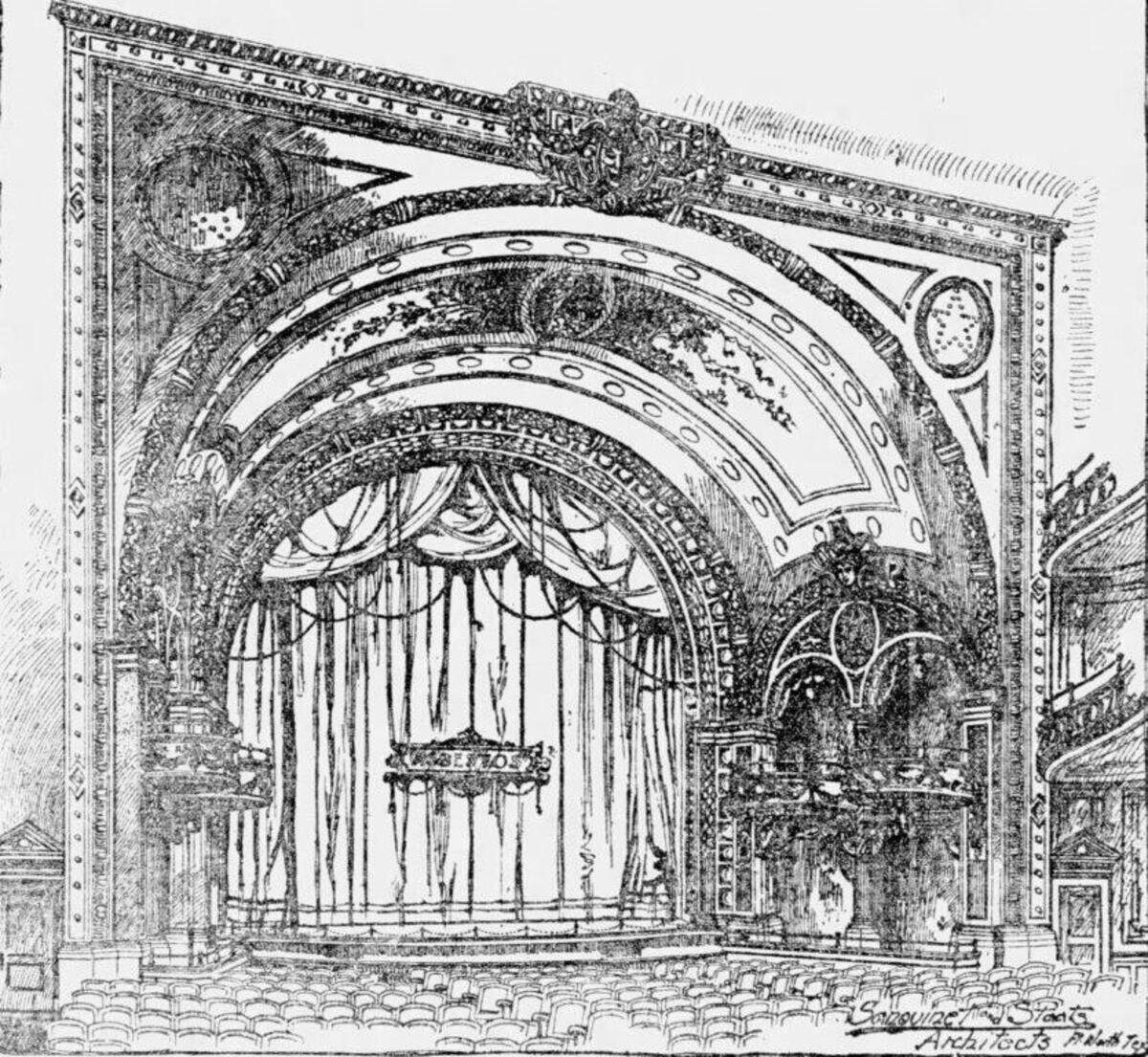 This sketch shows the interior of the Byers Opera House in 1908.