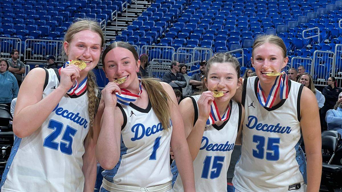 Decatur girls basketball celebrates its first state championship in program history after a Class 4A Division I state title game win against Waco La Vega at the Alamodome in San Antonio on Friday, Feb. 28, 2025.