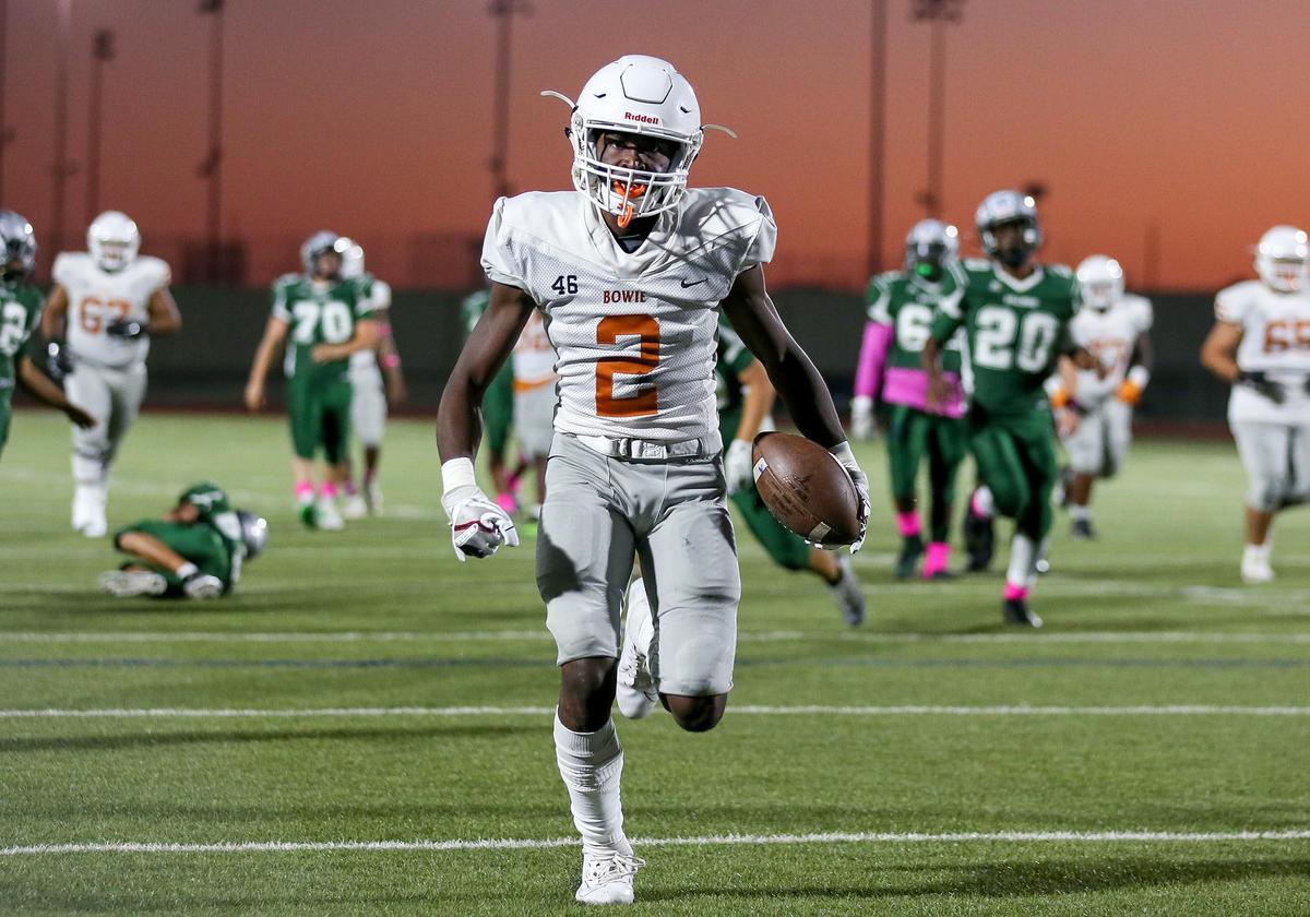 Arlington Bowie wide receiver Paul Alexander (2) goes in for a touchdown reception against Trimble Tech during the first half, Friday night, October 18, 2019 played at Clark Stadium in Fort Worth, TX.