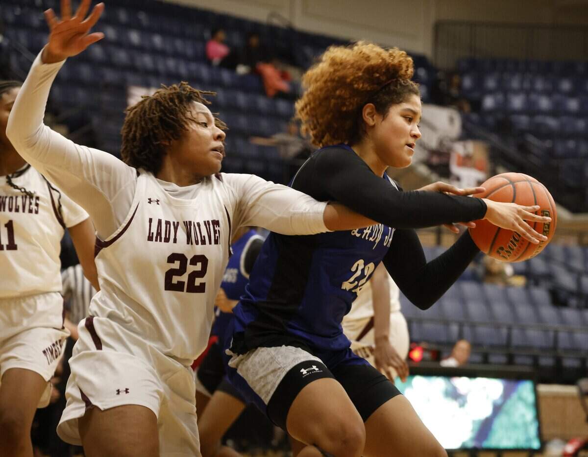 Mansfield Timberview guard Andrea McGriff (22) fouls Mansfield Summit forward Maya Wiliams (22) during the first half of a UIL girls basketball game at Mansfield Timberview High School in Arlington, Texas, Tuesday Feb. 10, 2026.