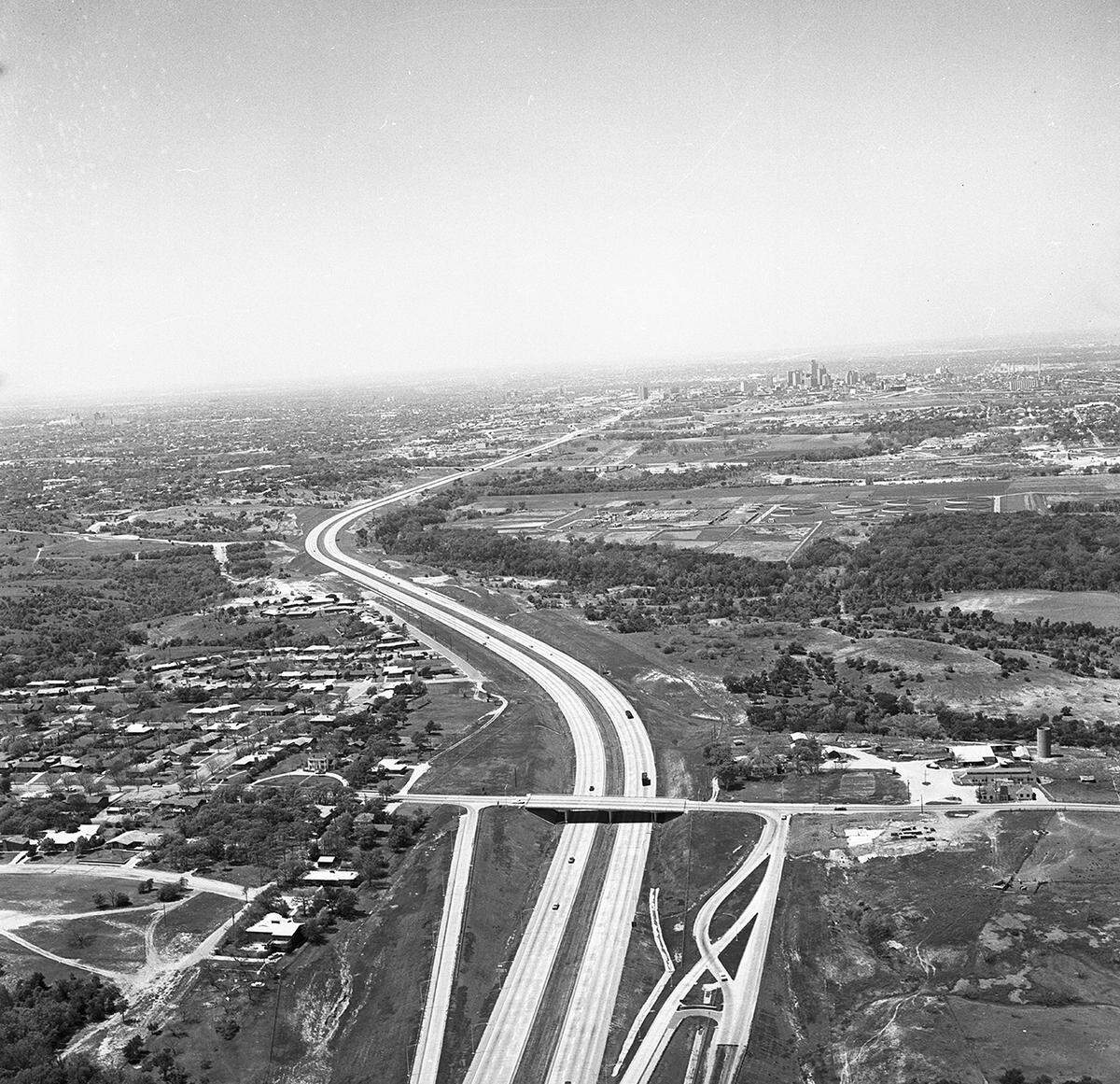 April 15, 1964: Superimposed on this aerial photo of the Fort Worth-Dallas Turnpike are new entrance and exit ramps to be constructed at Oakland Boulevard (foreground) and Beach Street (in the distance). The ramps made access easier to east Fort Worth without paying a 10-cent toll.