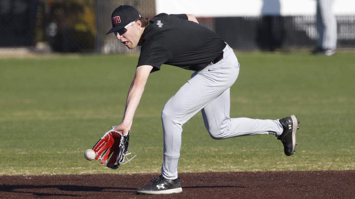 Fort Worth Christian short stop Grady Emerson backhands a ground ball during baseball practice at Fort Worth Christian School in North Richland Hills, Texas, Monday Feb. 23, 2026.