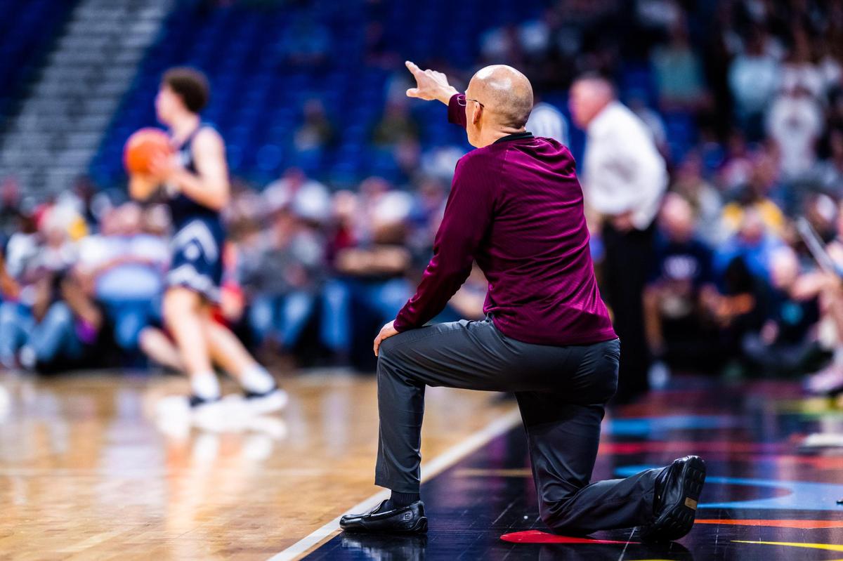 Timberview head coach Duane Gregory on the sideline during the 5A state semifinal game between Mansfield Timberview and Boerne Champion in San Antonio, at the Alamodome, on March 10, 2022. Timberview went on to win 55-43.
