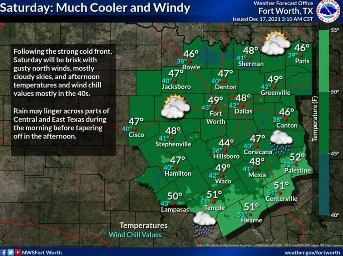 Weather forecasters say the Saturday high should be 49 in Tarrant County with cold gusty north winds.