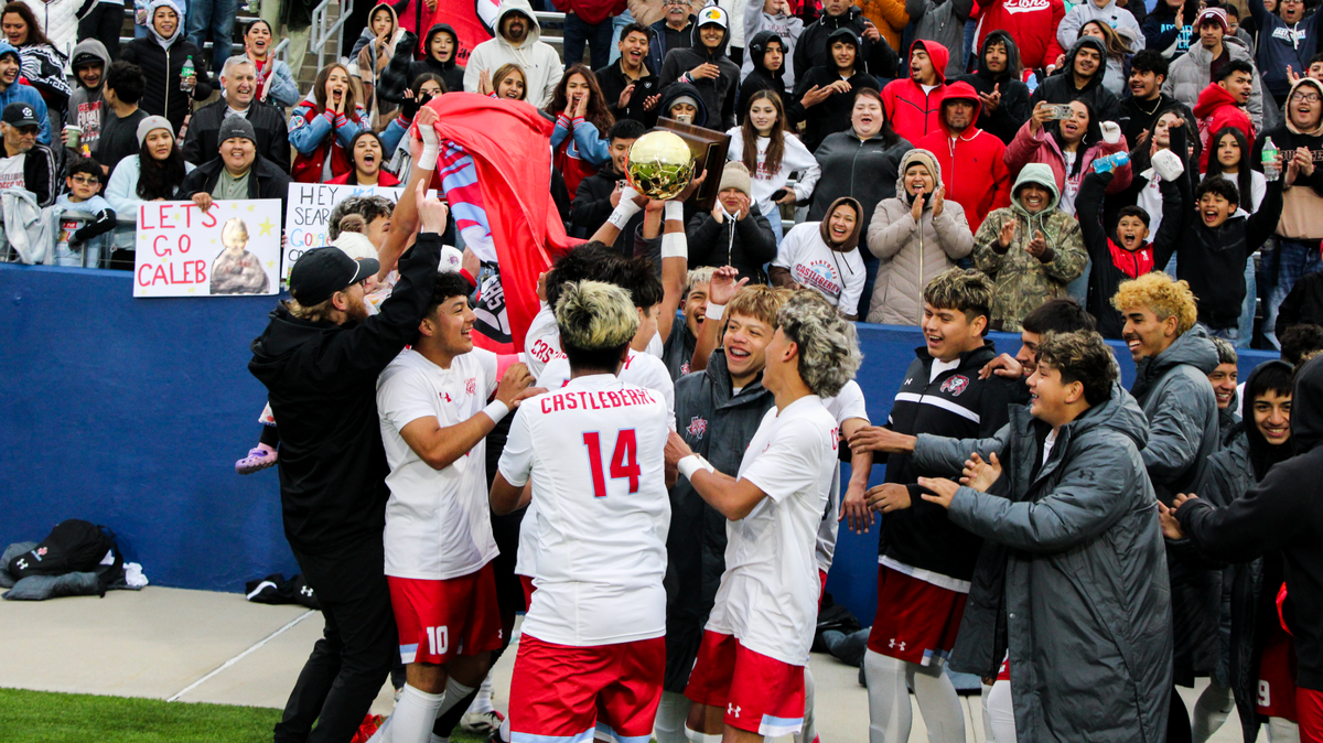 The River Oaks Castleberry boys soccer teams celebrates with the trophy after defeating Nevada Community 2-0 in a Class 4A Division 1 state semifinal on Saturday, April 5, 2025 at McKinney ISD Stadium in McKinney, Texas.