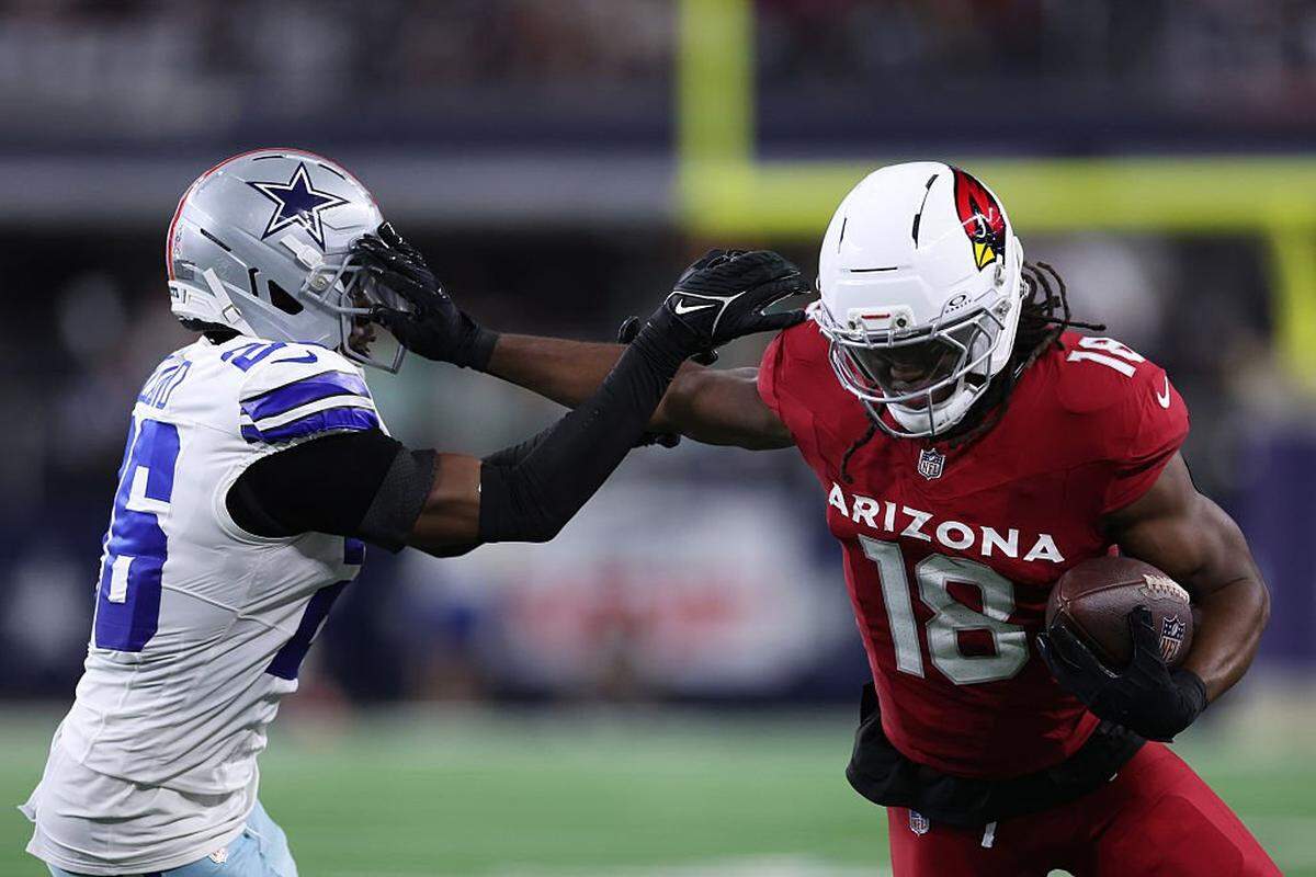 ARLINGTON, TEXAS - NOVEMBER 03: Marvin Harrison Jr. #18 of the Arizona Cardinals rushes against Daron Bland #26 of the Dallas Cowboys during the third quarter in the game at AT&T Stadium on November 03, 2025 in Arlington, Texas. (Photo by Sam Hodde/Getty Images)