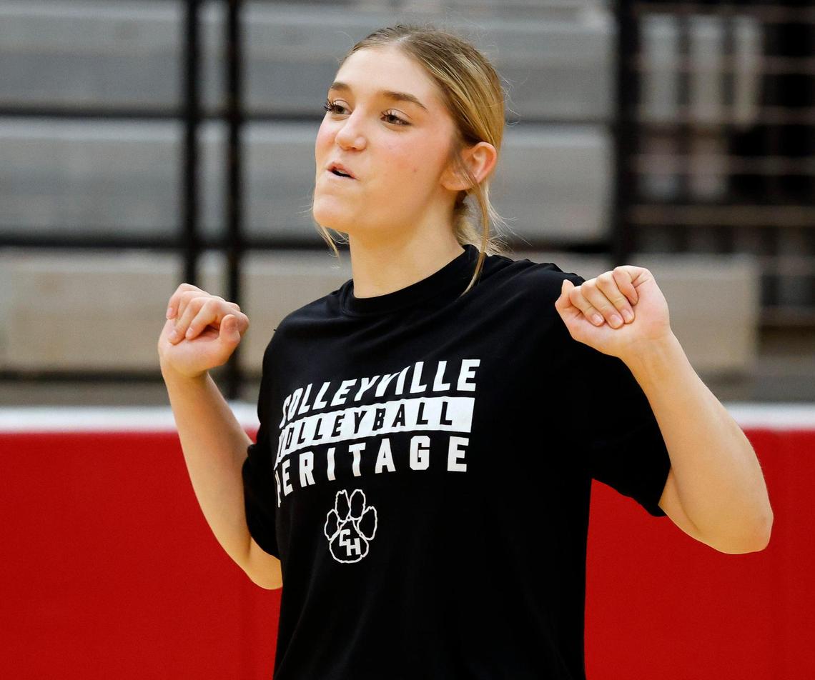 Audrey Popp reacts to play during the Panthers volleyball practice for the state semifinals at Colleyville Heritage High School in Colleyville, Texas, Wednesday, Nov. 15, 2023.