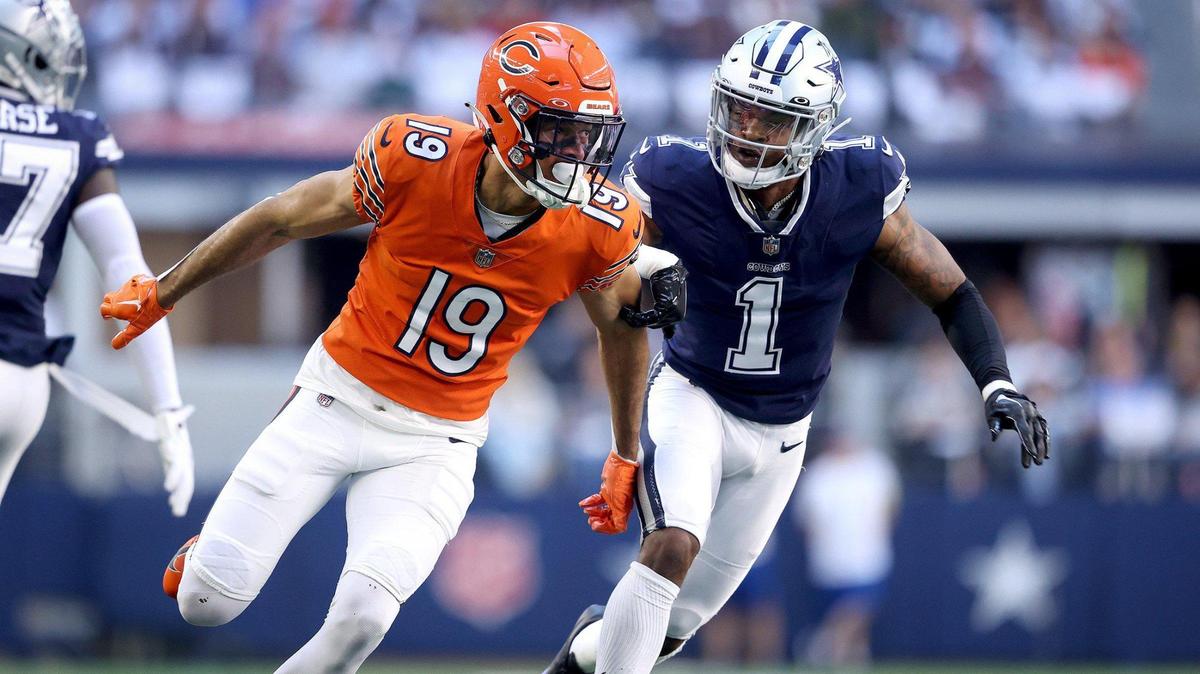 Dallas Cowboys’ Kelvin Joseph guards Chicago Bears Equanimeous St. Brown on Sunday at AT&T Stadium in Arlington.