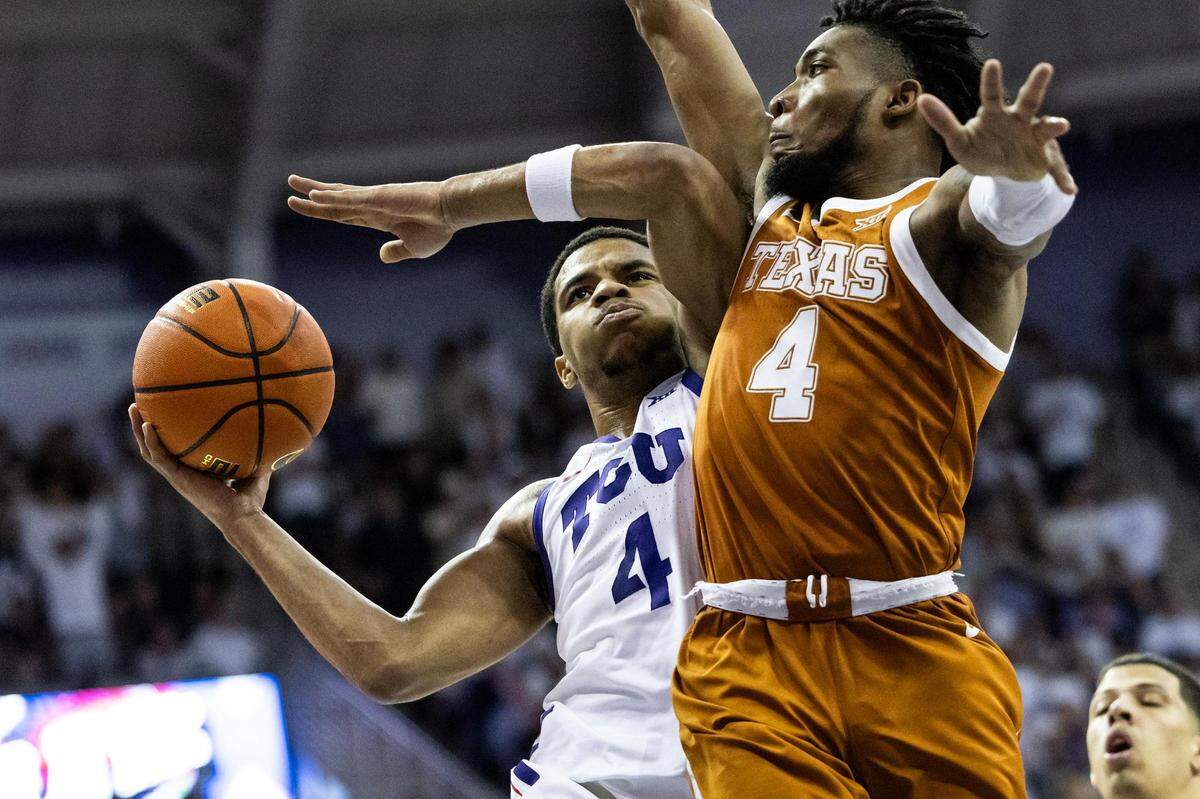 TCU guard Jameer Nelson Jr. (4) goes up for a layup in the second half against the Texas Longhorns at Schollmaier Arena on Saturday, Feb. 3, 2024.