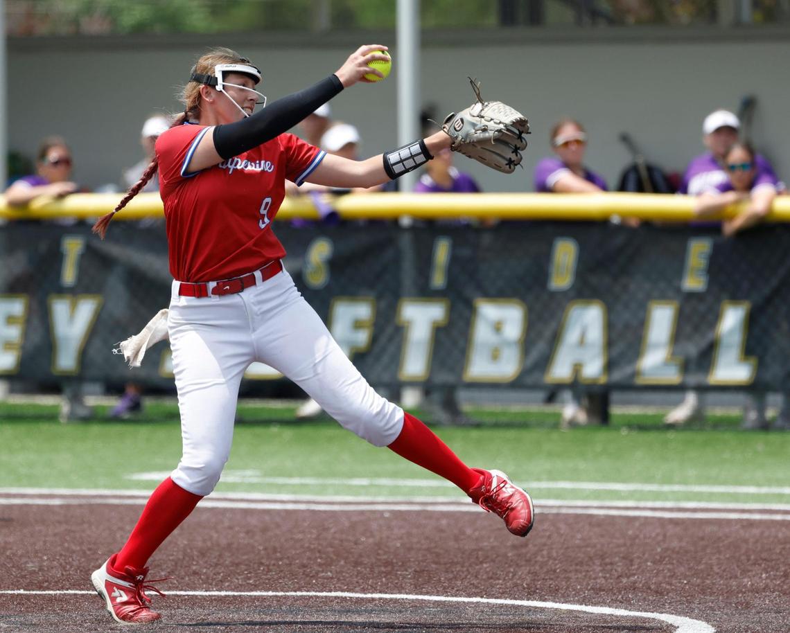 Grapevine pitcher Bella MacMahon (9) works the top of the second inning during game 2 of the UIL softball semifinal 5A D2 playoffs at The Rabbit Hole in Forney, Texas, Saturday, May 24, 2025.