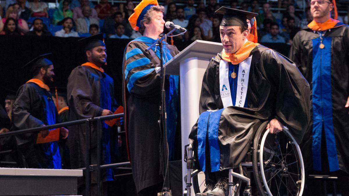 Orlando Carrillo Maffei graduated with a master's degree in construction management from UT Arlington this past weekend. Maffei fought off a kidnapping attempt from Venezuelan guerrillas in his hometown of San Cristobal, Venezuela, when he was 22 years old that left him paralyzed.