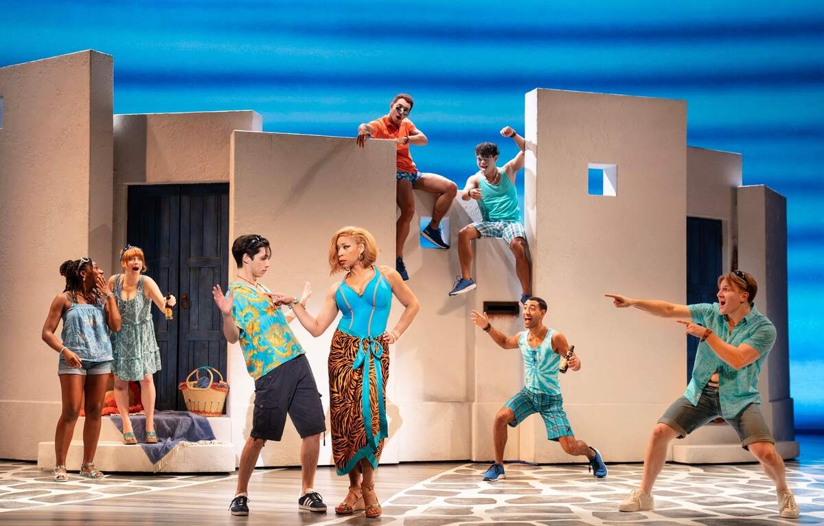 Patrick Park (Pepper), Jalynn Steele (Tanya) and the company of “Mamma Mia!” on its 25th anniversary tour.