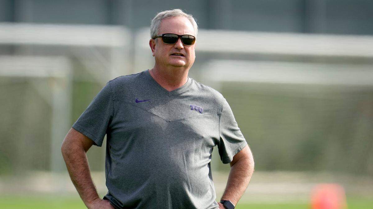 TCU head coach Sonny Dykes watches his team during practice ahead of the national championship NCAA College Football Playoff game between Georgia and TCU, Saturday, Jan. 7, 2023, in Inglewood, Calif. The championship football game will be played Monday.