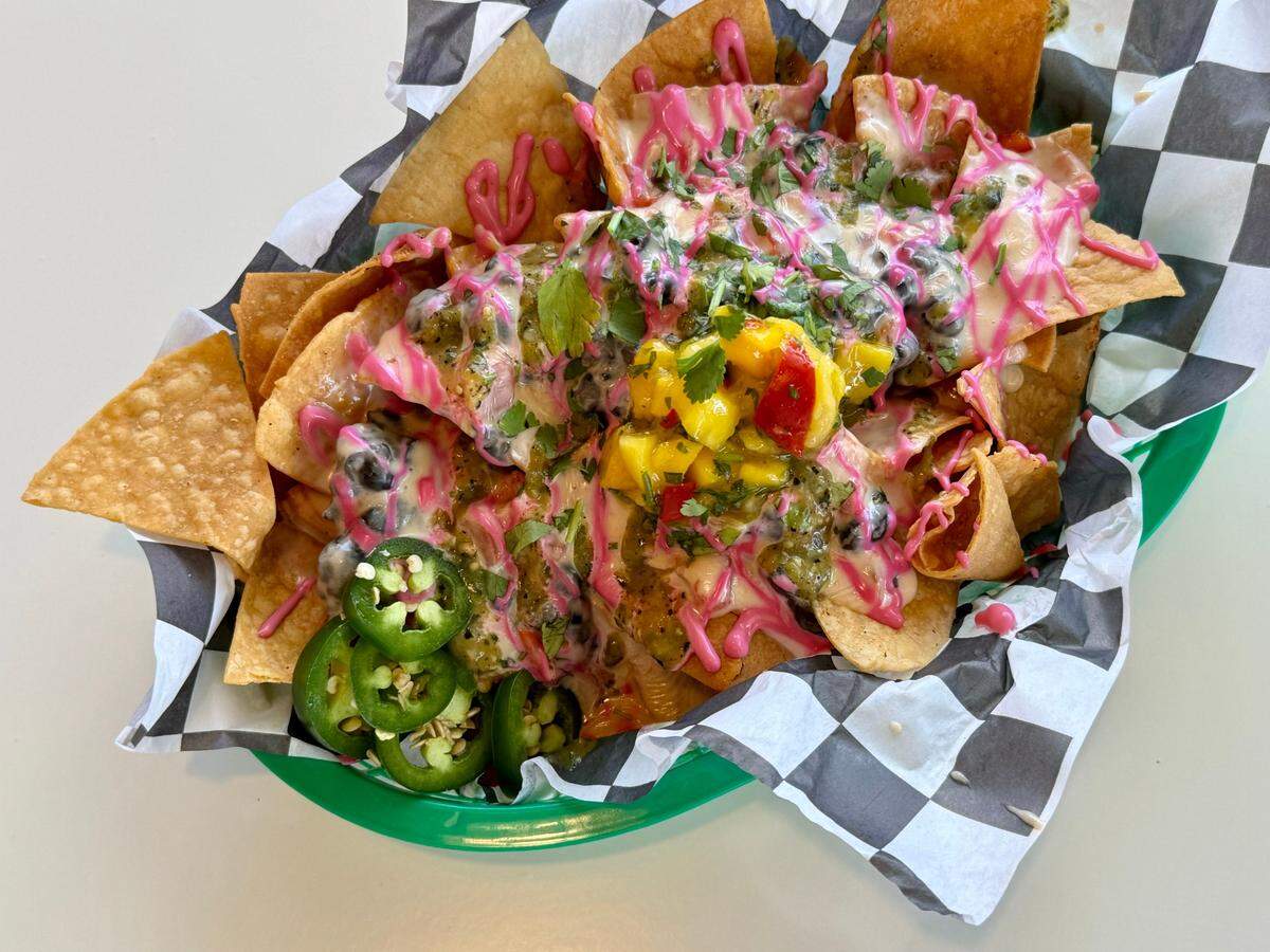 Black bean nachos with mango pico de gallo, seen April 13, 2024, at Tropic Lady in Fort Worth.