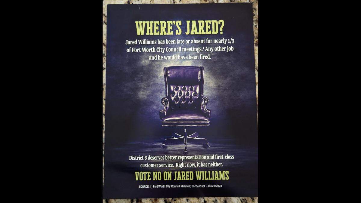 A photo of a campaign mailer showing an empty chair and asking "Where's Jared?"